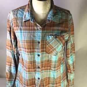 Patagonia Flannel Shirt size 8 Blue reddish Plaid Organic Cotton Long Sleeve